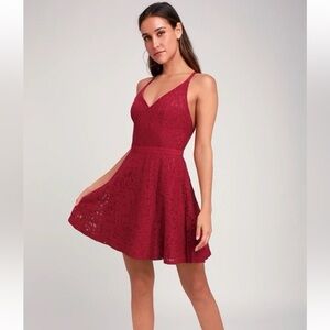 NWT Lulus Dancing in The Moonlight Wine Red Lace Backless Skater Dress Large